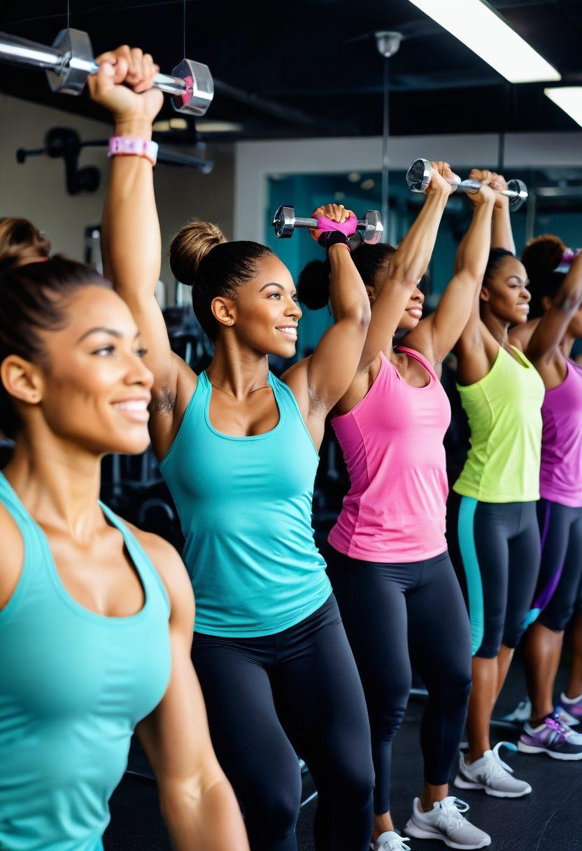 A diverse group of strong women lifting weights in a bright, inspiring gym setting, their faces reflecting determination and empowerment. Surround them with motivational quotes and vibrant colors that symbolize their strength and unity. Include elements like dumbbells, resistance bands, and a mirror reflecting their journey. The women's attire should be colorful and energetic, embodying the spirit of fitness. super-realistic. vibrant colors. bright background.